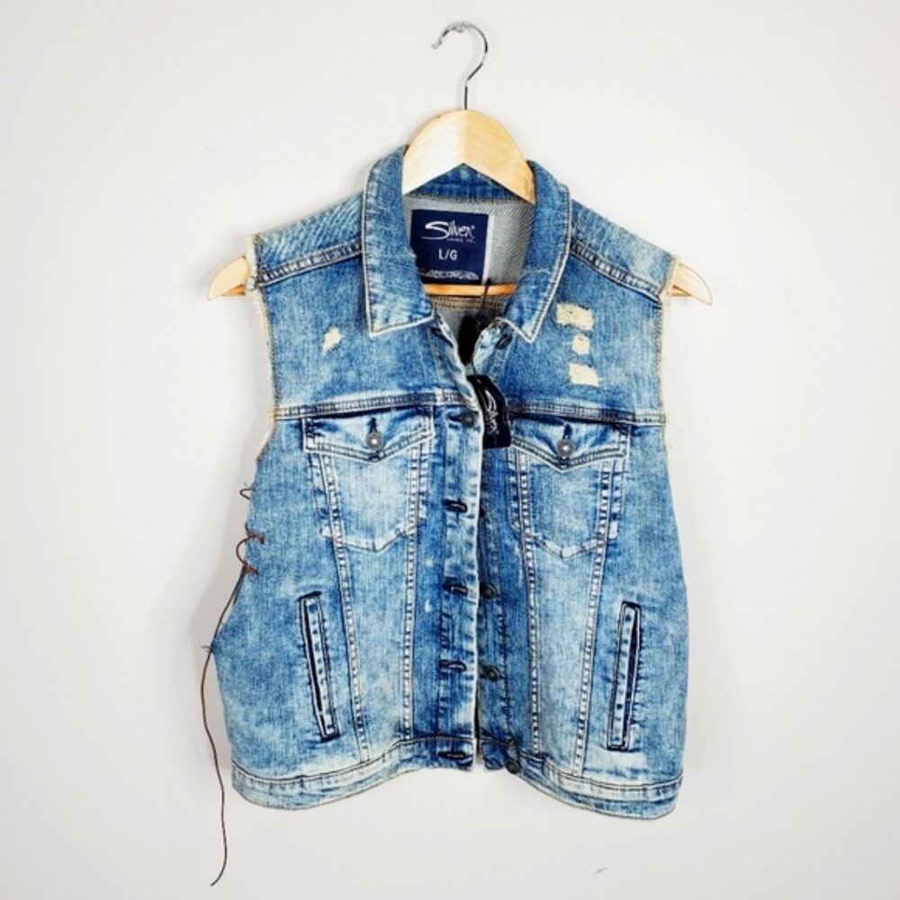 NWT Silver Upcycled Lace Up Distressed Country Western Boho Festival Denim Vest